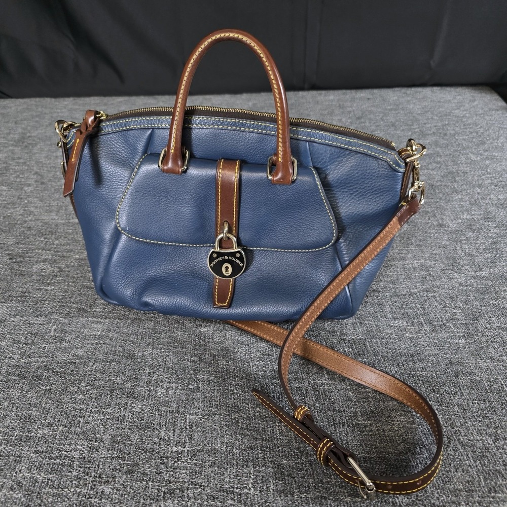 Dooney & Bourke Pebble Grain Leather Satchel Navy Blue Brown Trim Crossbody Bag